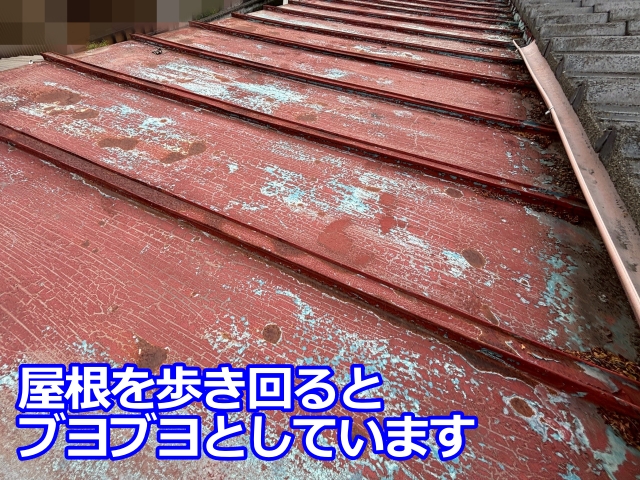 屋根全体にブヨブヨとした感触があり、内部劣化が疑われました